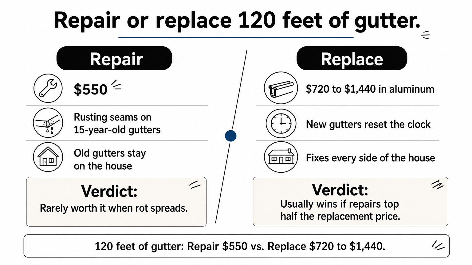 Two side-by-side columns comparing the cost and benefits of repairing versus replacing 120 feet of gutter.