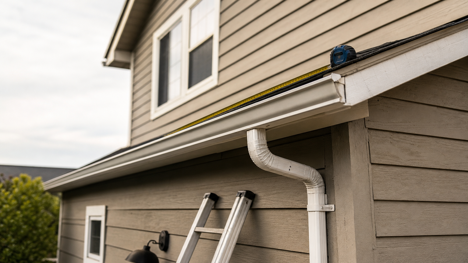 A tape measure stretched along a roof eave beside a downspout on a two-story house.