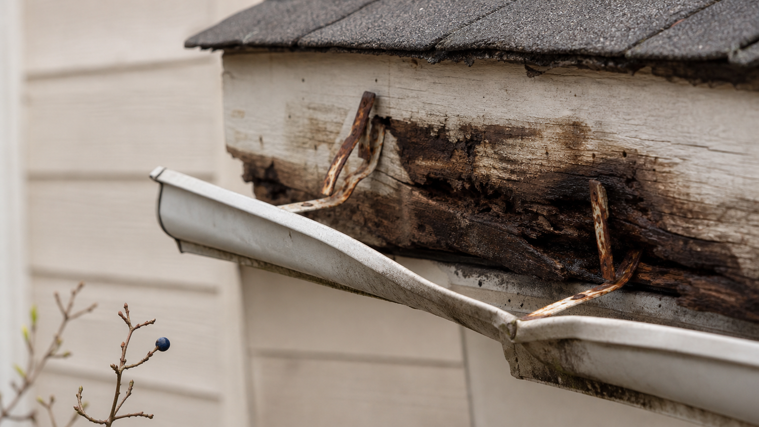A water-darkened fascia board behind a sagging gutter section with loose rusted hangers.