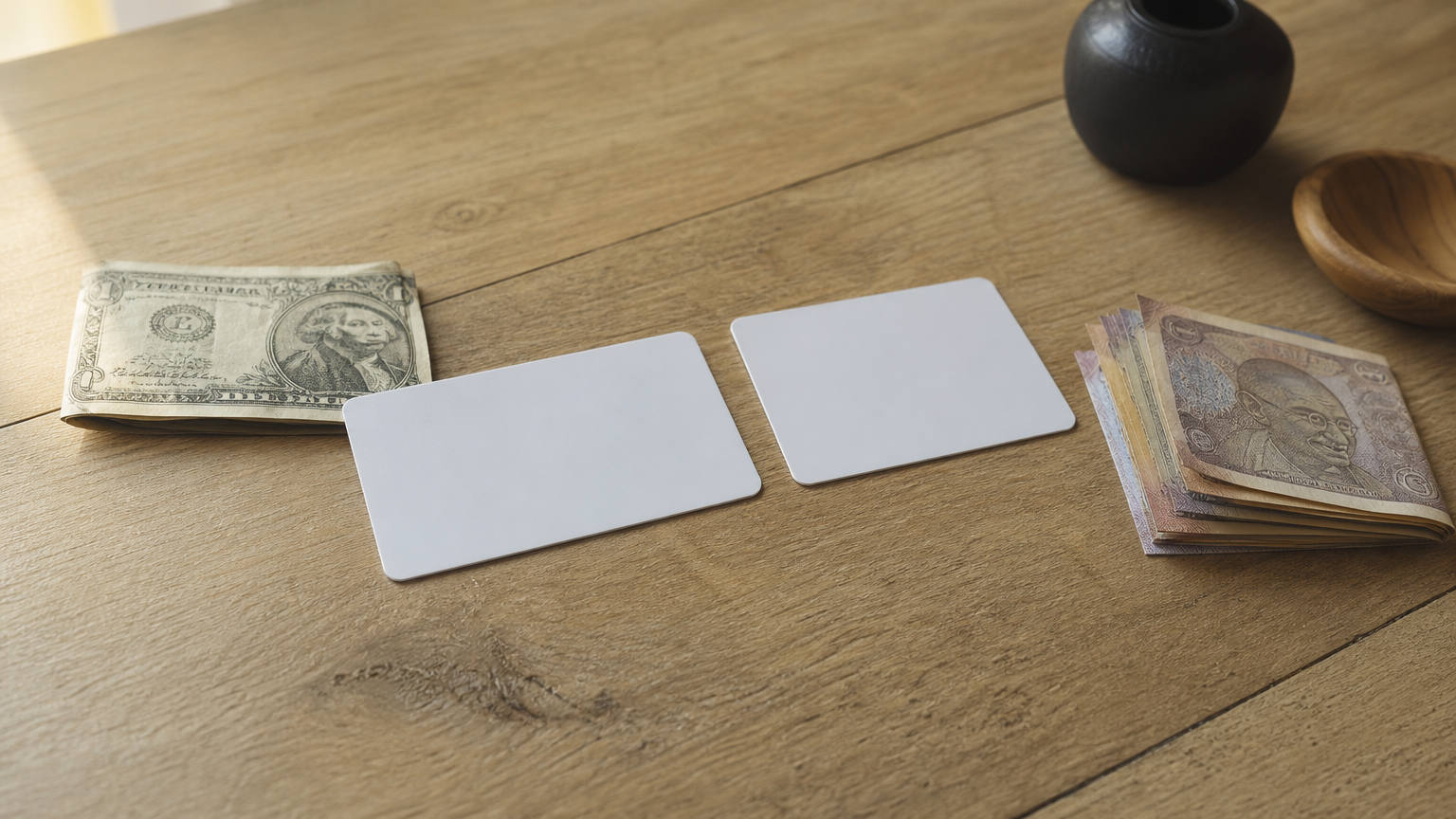 Two plastic gift cards rest on a table beside a US dollar bill and a stack of rupee notes.