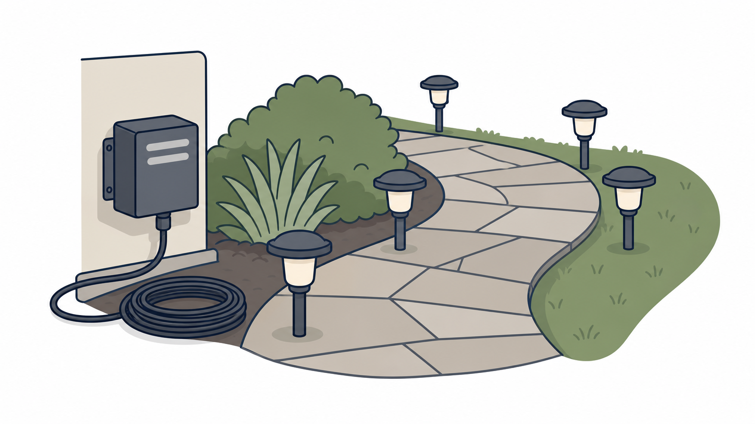 Metal path lights line a garden walkway, with a transformer box mounted on a wall beside it.