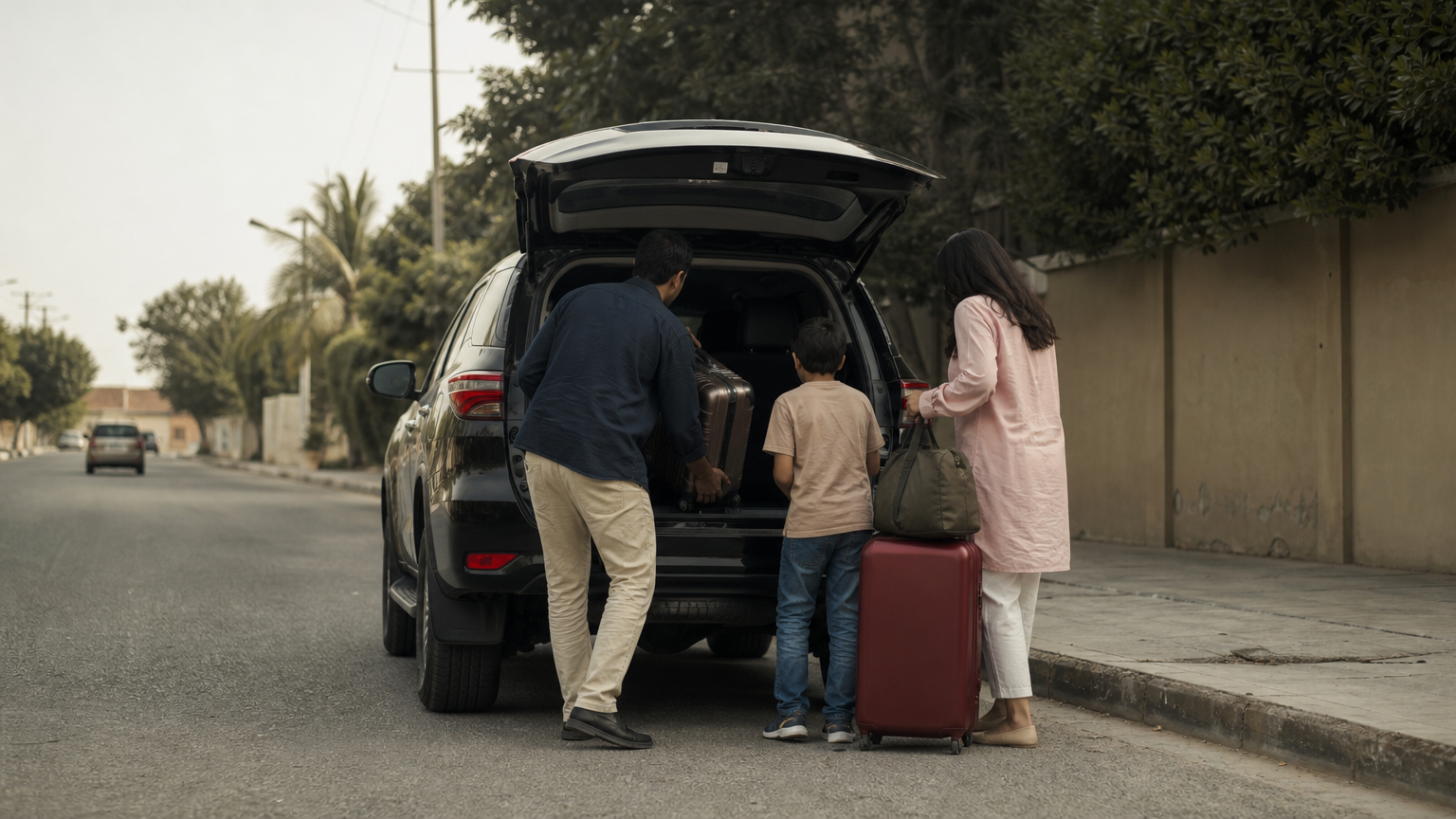 A Toyota Fortuner parked on a Karachi street with its rear open as a family loads suitcases.