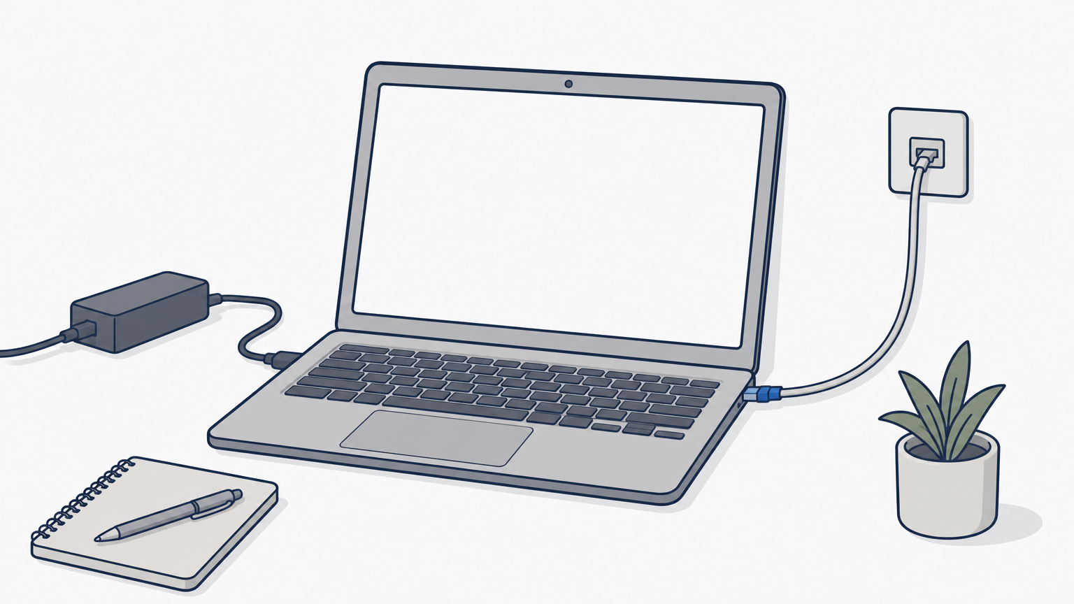 Ein aufgeklappter Laptop auf einem Schreibtisch, angeschlossen an Netzteil und Netzwerkkabel.
