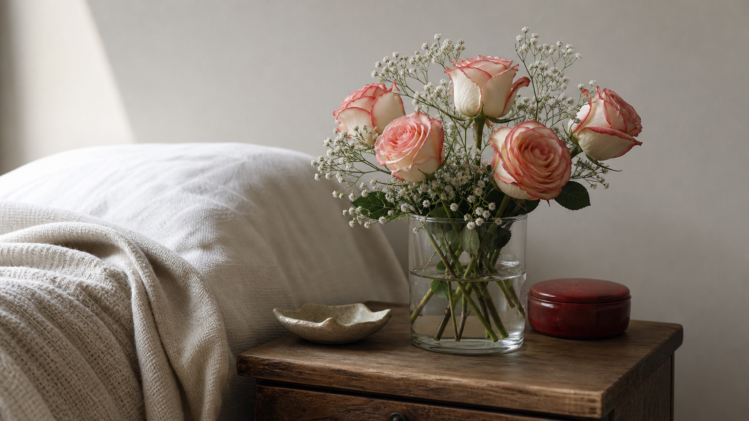A short glass vase of roses and baby's breath sits on a bedside locker.