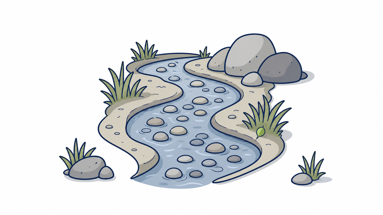 A winding stone channel with boulders on the outer bend and grasses lining its banks.