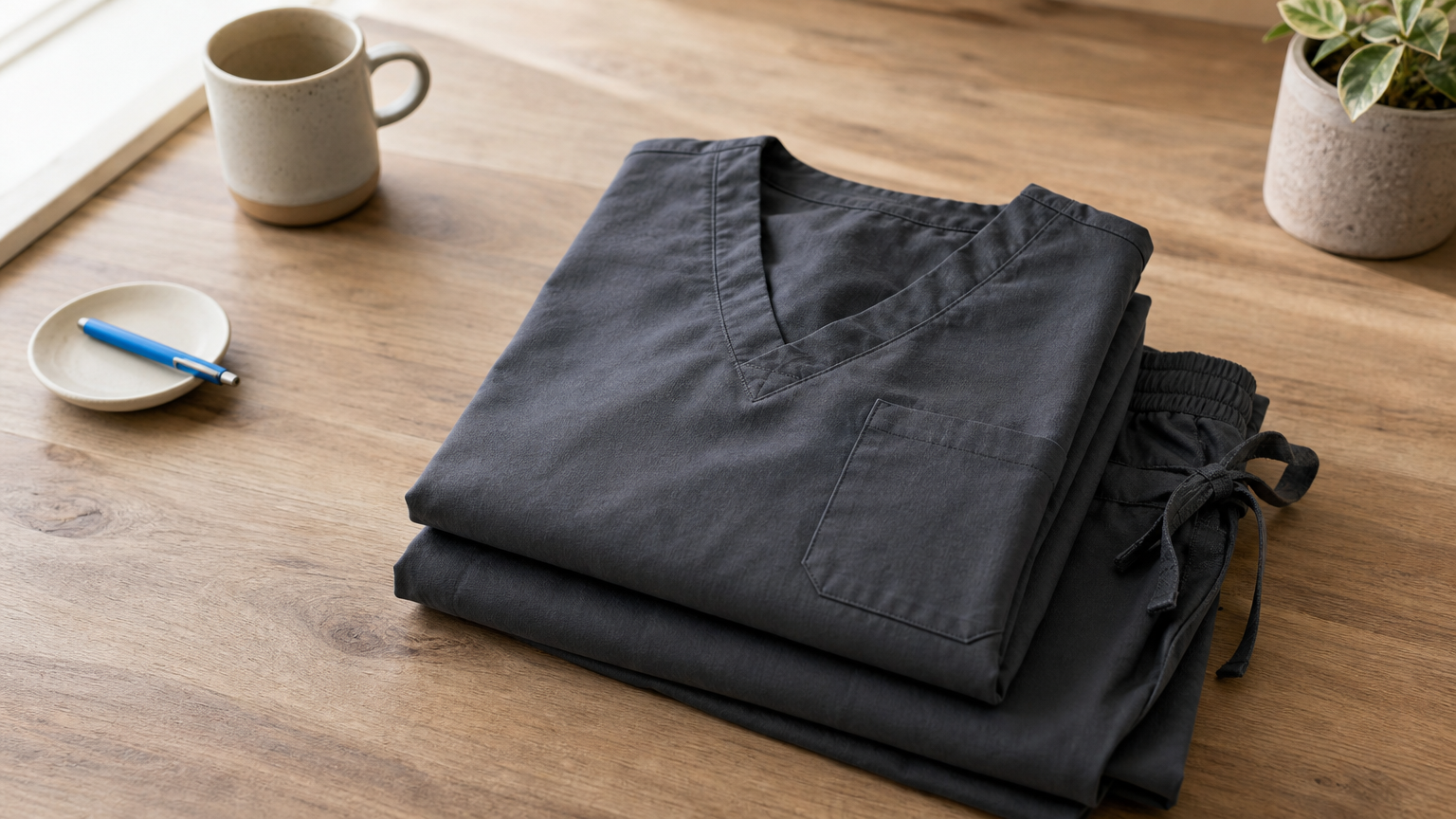 A folded scrub top and drawstring pants stacked on a table, showing the chest pocket and waistband.
