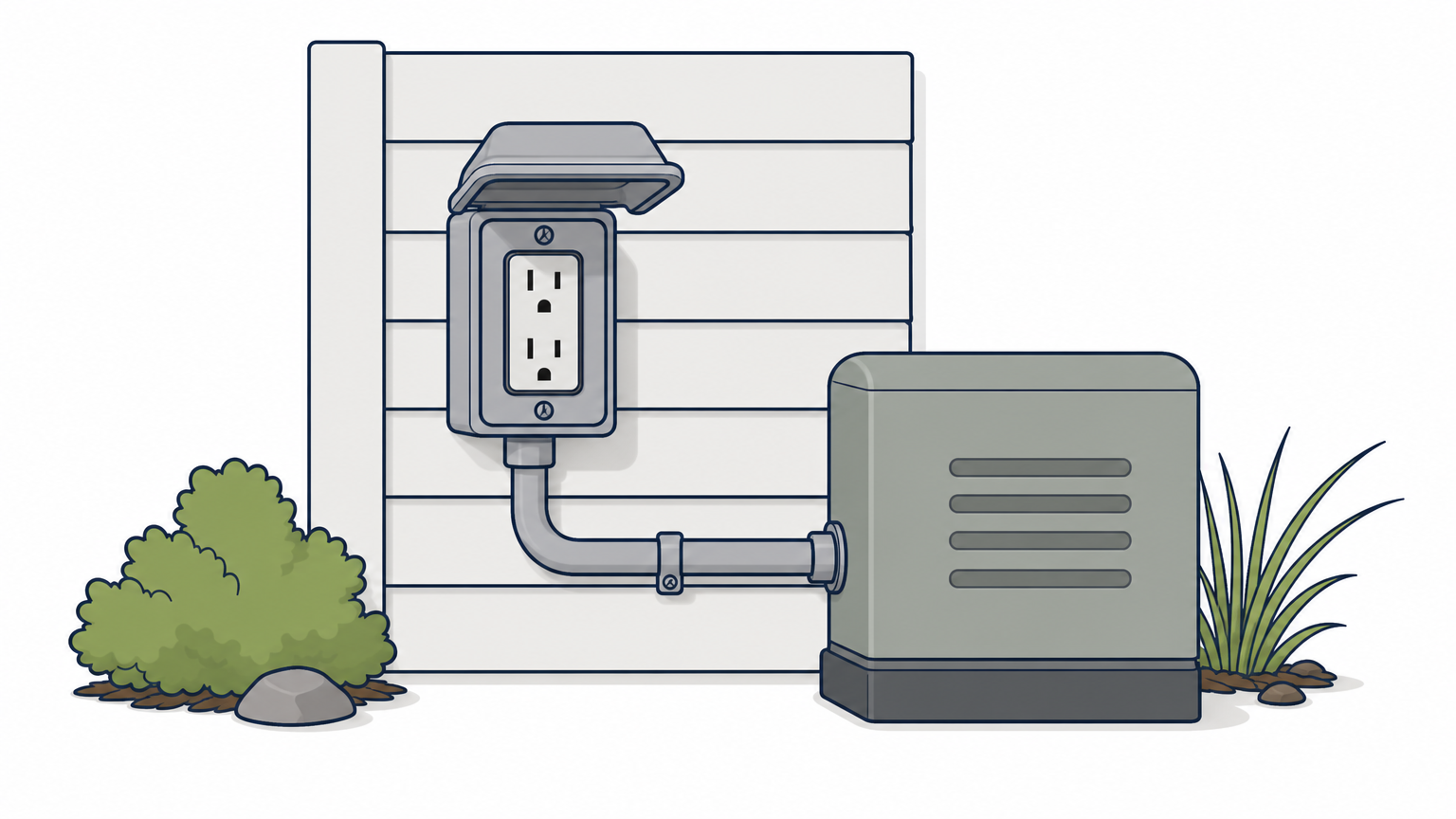 A weatherproof outdoor receptacle mounted on a house wall next to a transformer box and conduit.