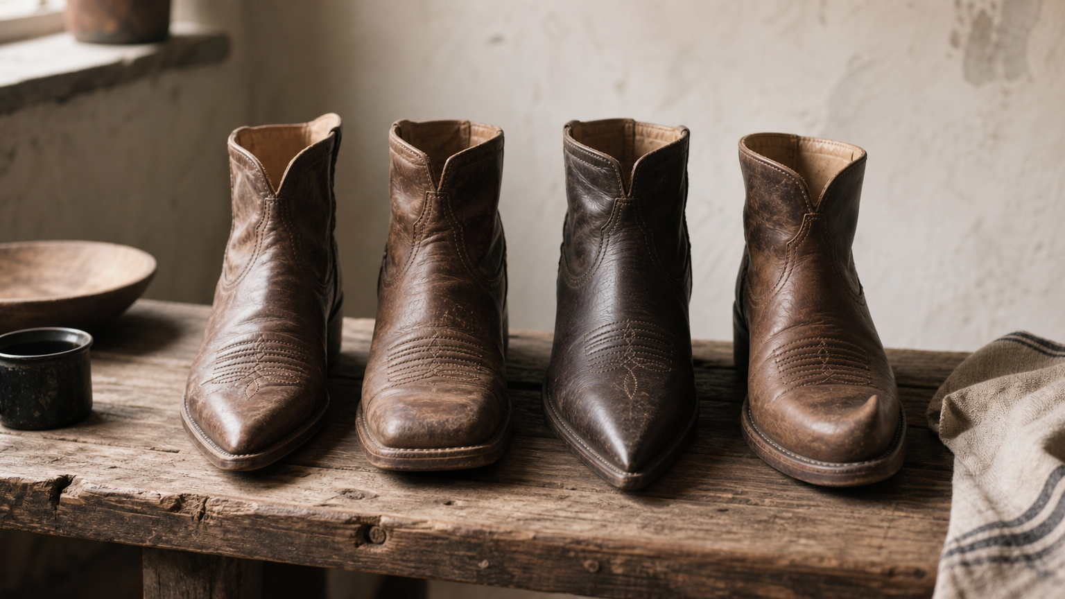 Four boot toes in a row on a wooden bench, showing snip, square, pointed, and J shapes.