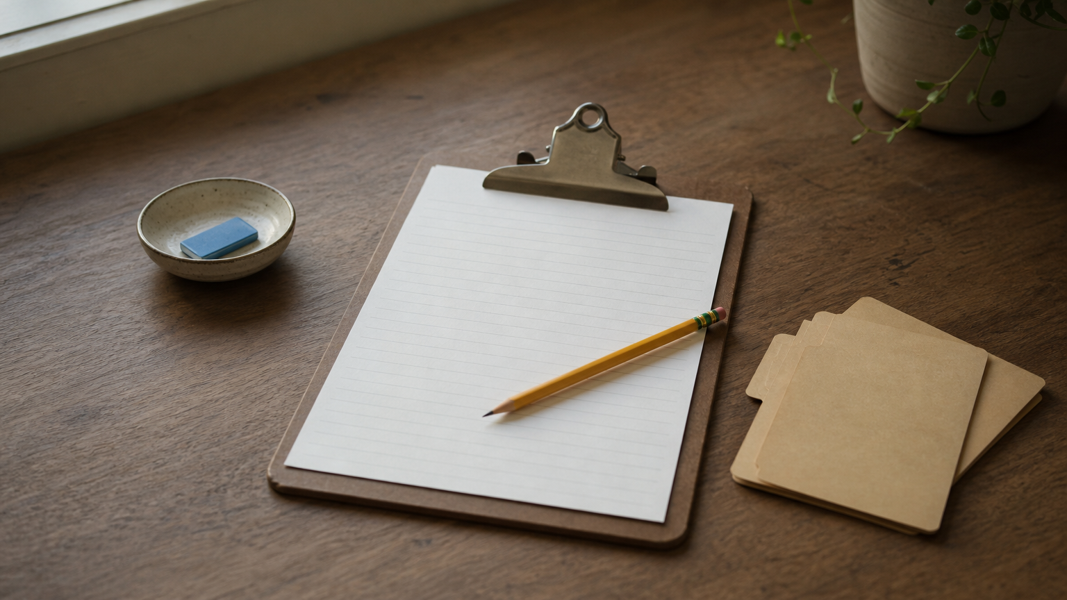 A clipboard with a blank ruled list, a pencil, and three folders stacked on a desk.
