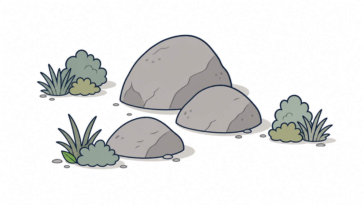 A group of three partly buried boulders surrounded by low grasses and shrubs in a rock bed.