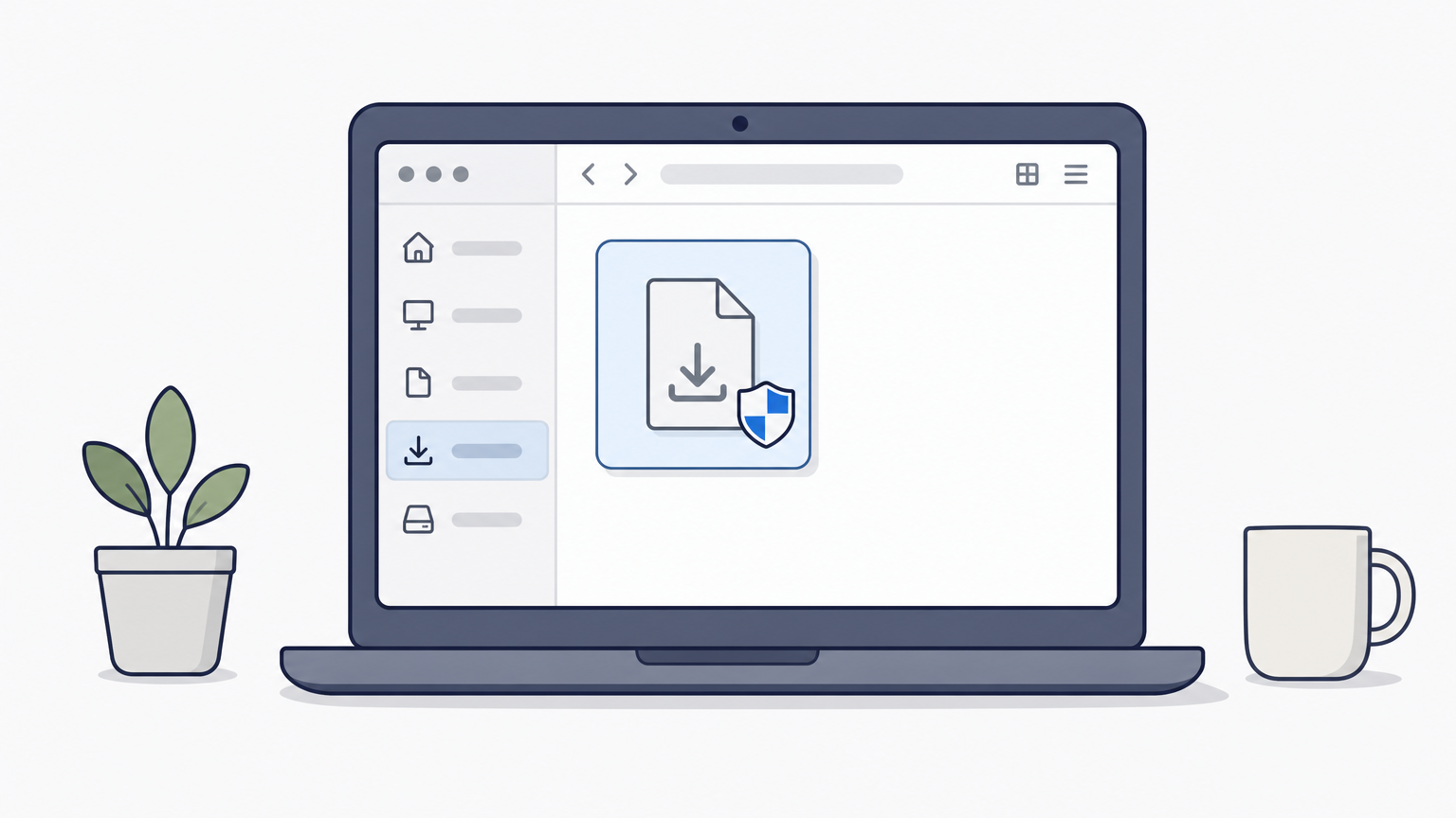 Ein Laptop-Bildschirm zeigt einen Download-Ordner mit einer ausgewählten Installationsdatei und einem Schutzschild-Symbol.