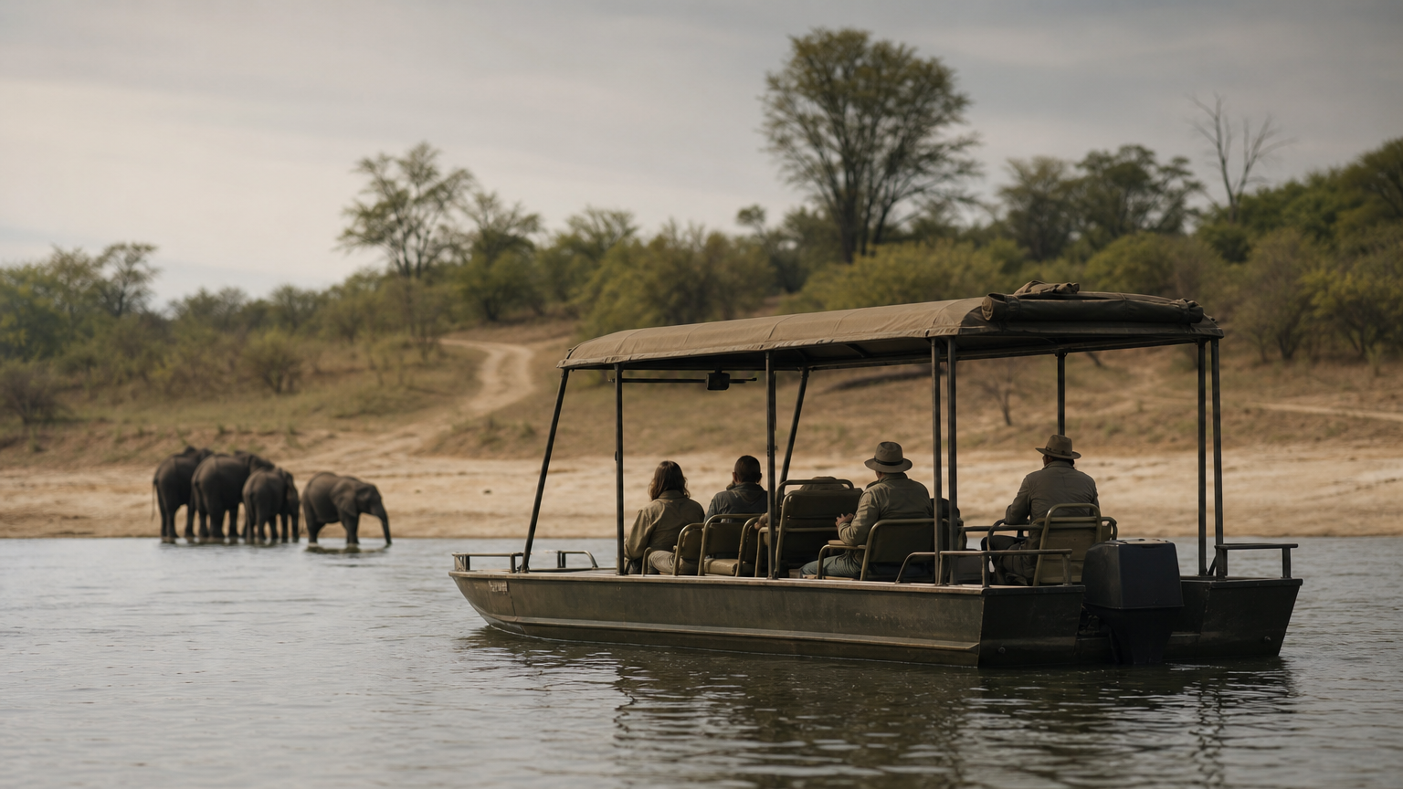 Victoria Falls Botswana Safari: 6 Trips, 1 Day to 7 Nights A riverboat with passengers sails past elephants drinking on a sandy bank.
