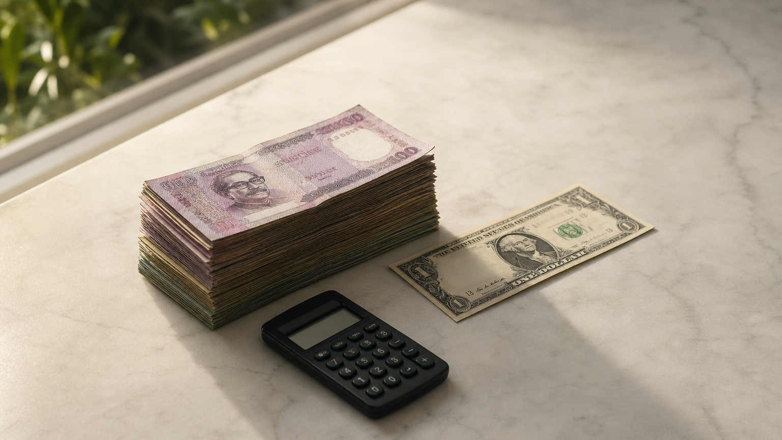 A stack of taka notes sits beside a US dollar bill with a calculator on a counter.