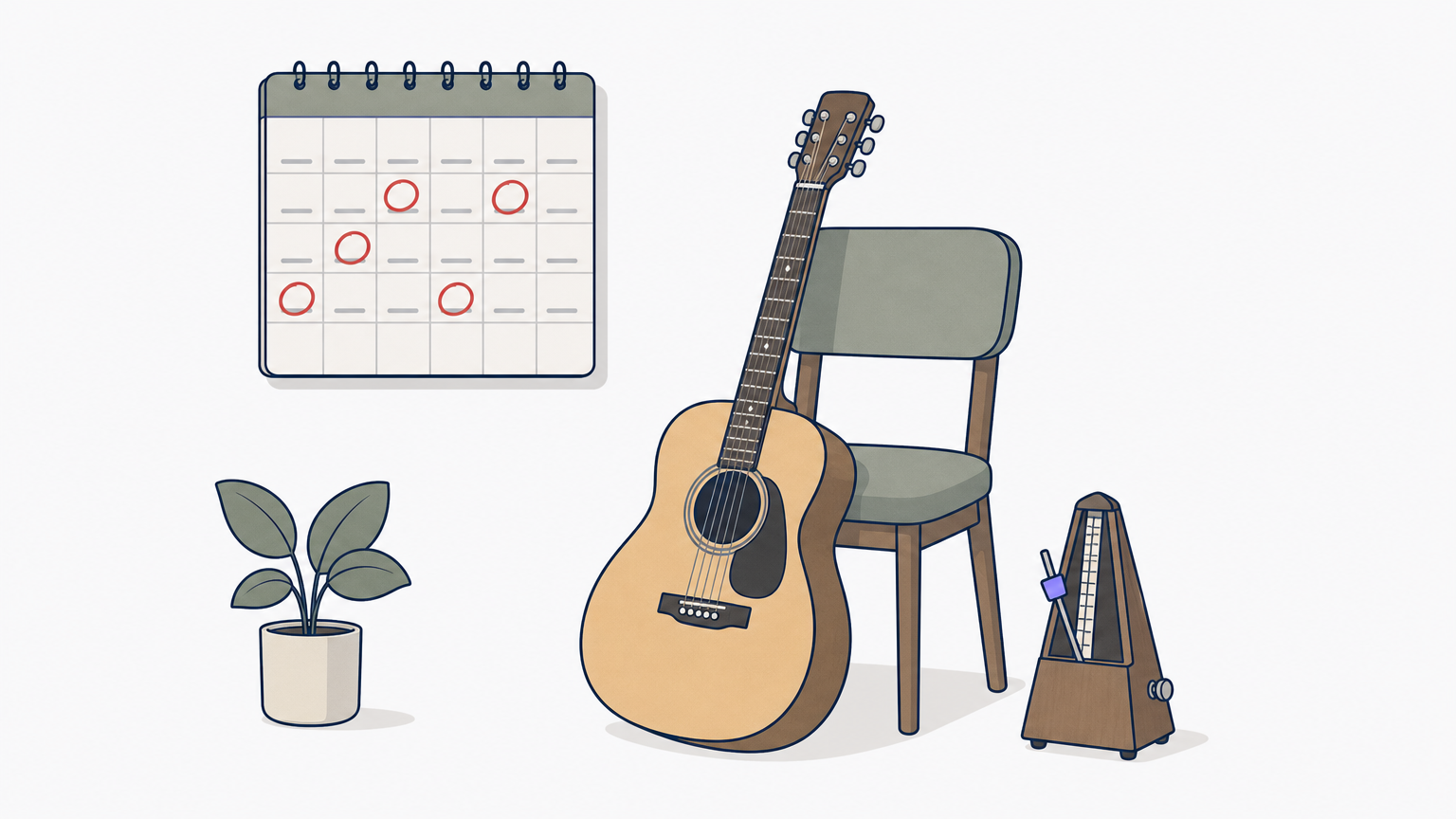 A wall calendar with circled dates sits next to a metronome and an acoustic guitar in a practice corner.
