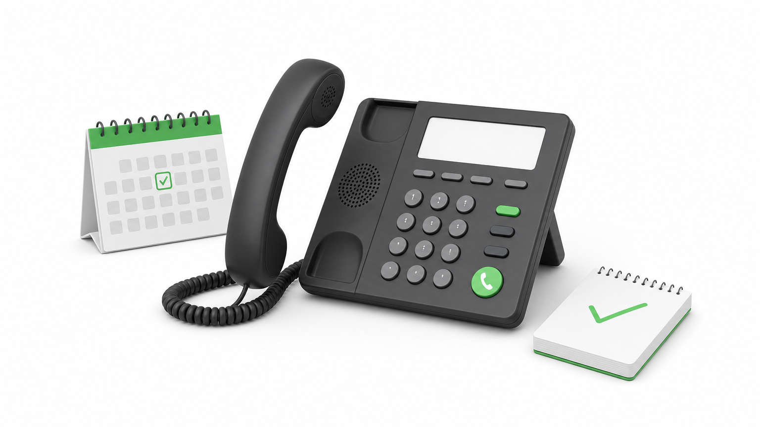 A desk phone with its handset lifted sits beside a wall calendar with one marked appointment slot.