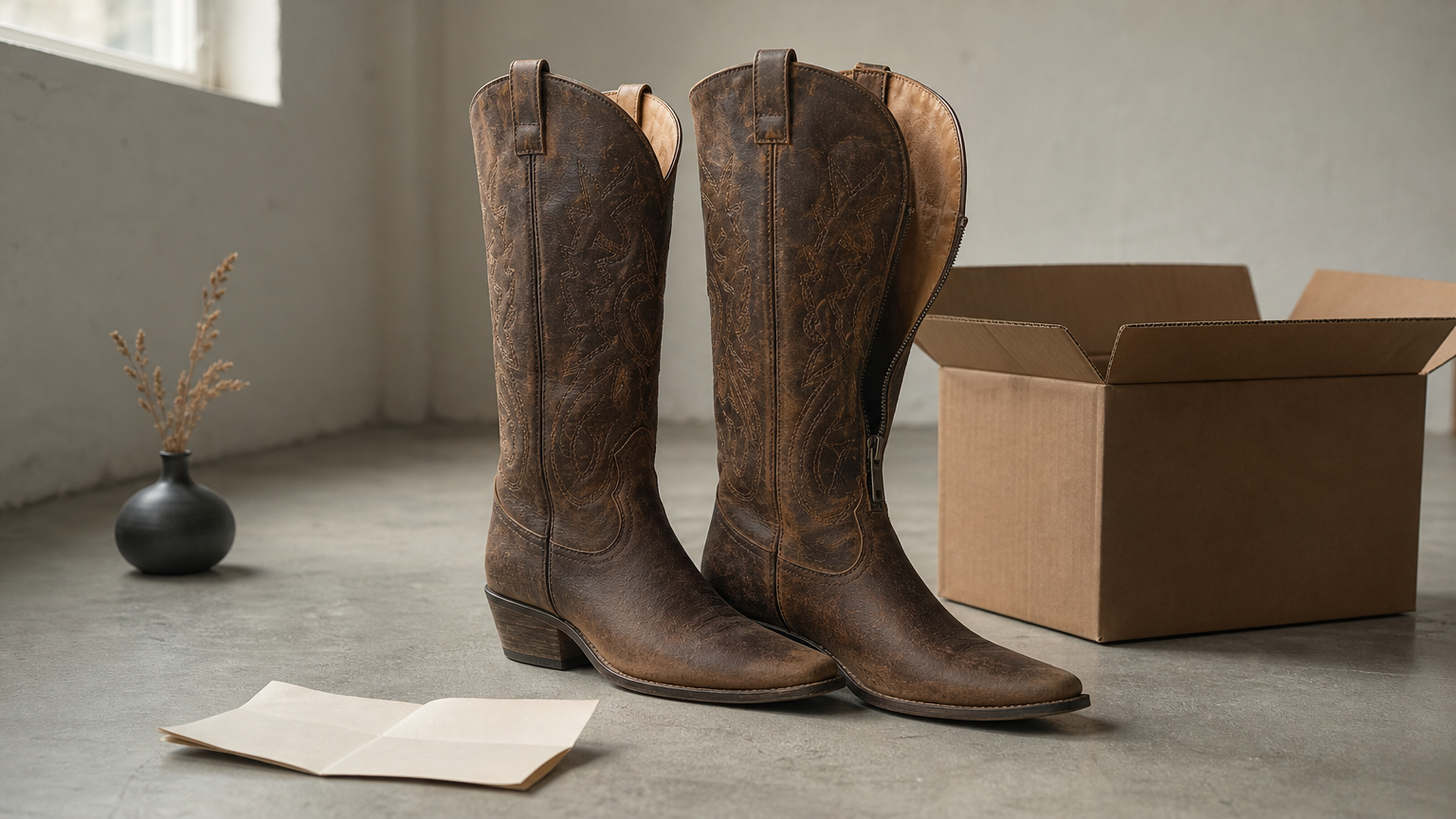 A pair of tall western boots beside an open shipping box, one with its inner side zipper partly down.