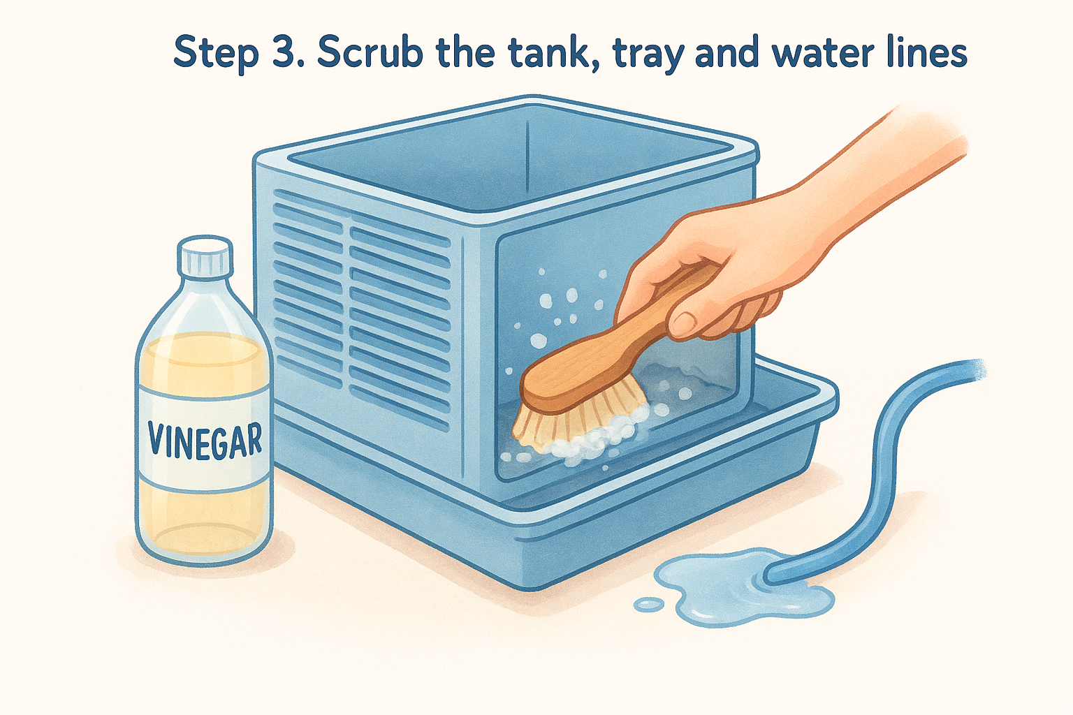 Step 3. Scrub the tank, tray and water lines