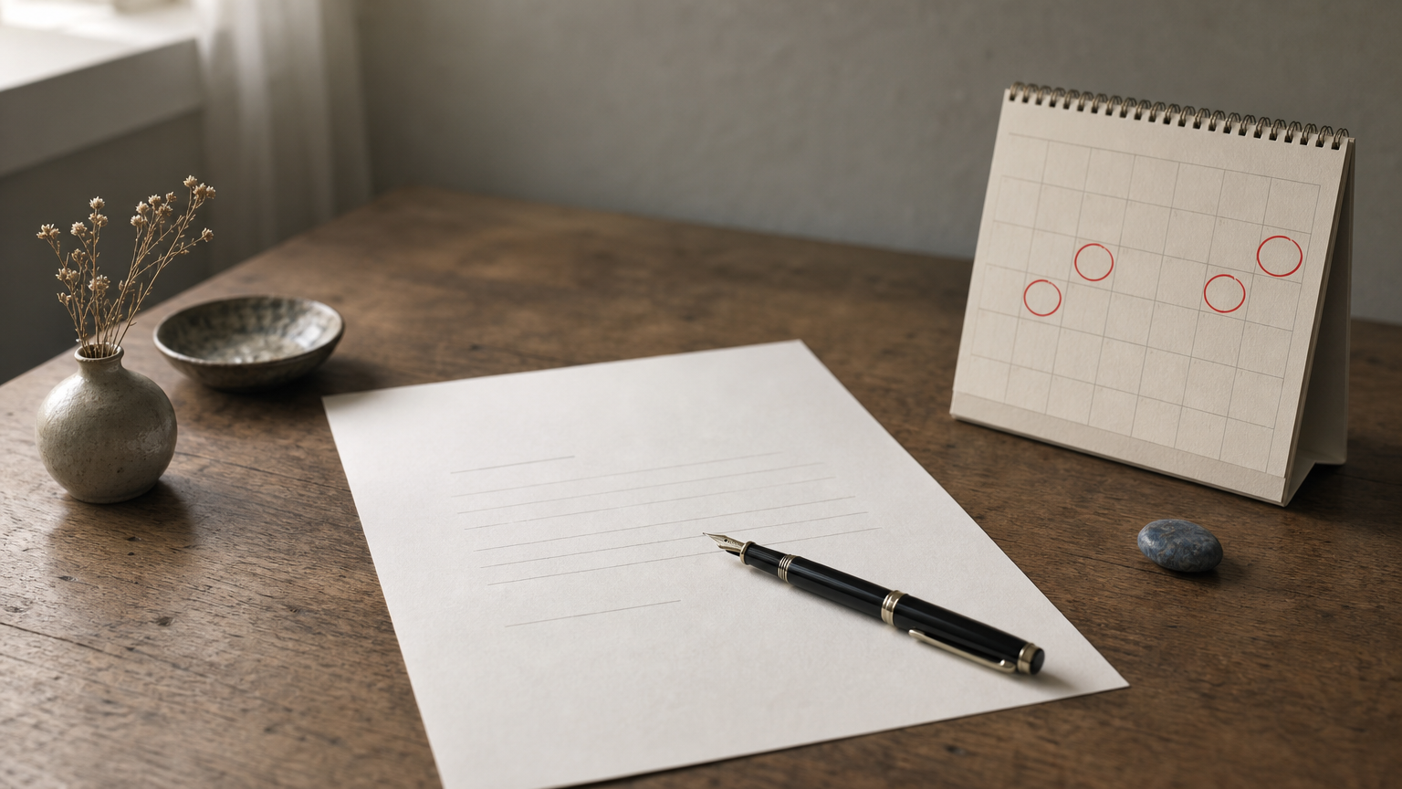 A printed letter and pen on a desk next to a calendar with four circled dates.