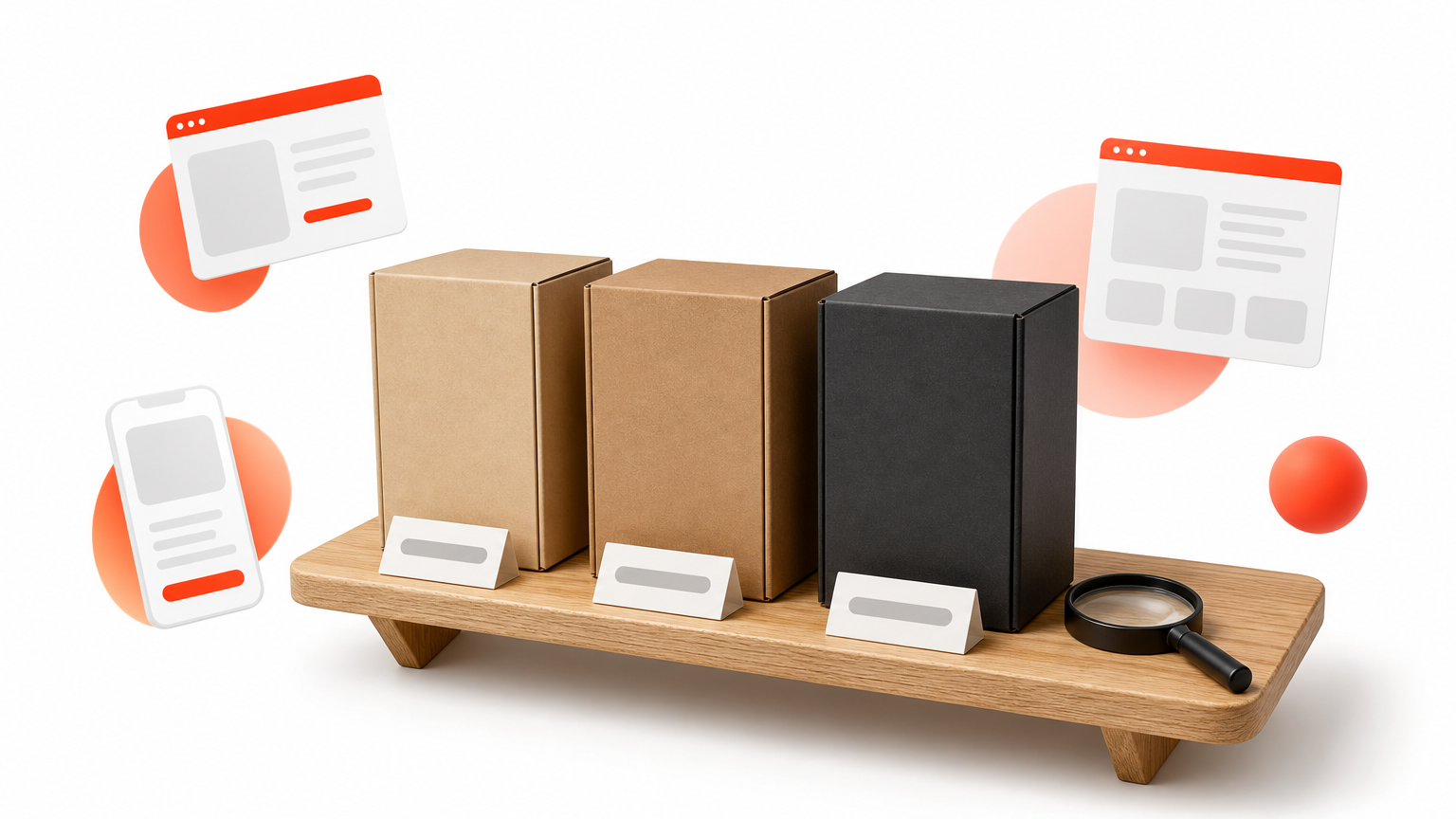 A wooden shelf holds three closed product boxes with paper tags, and a magnifying glass rests beside them.