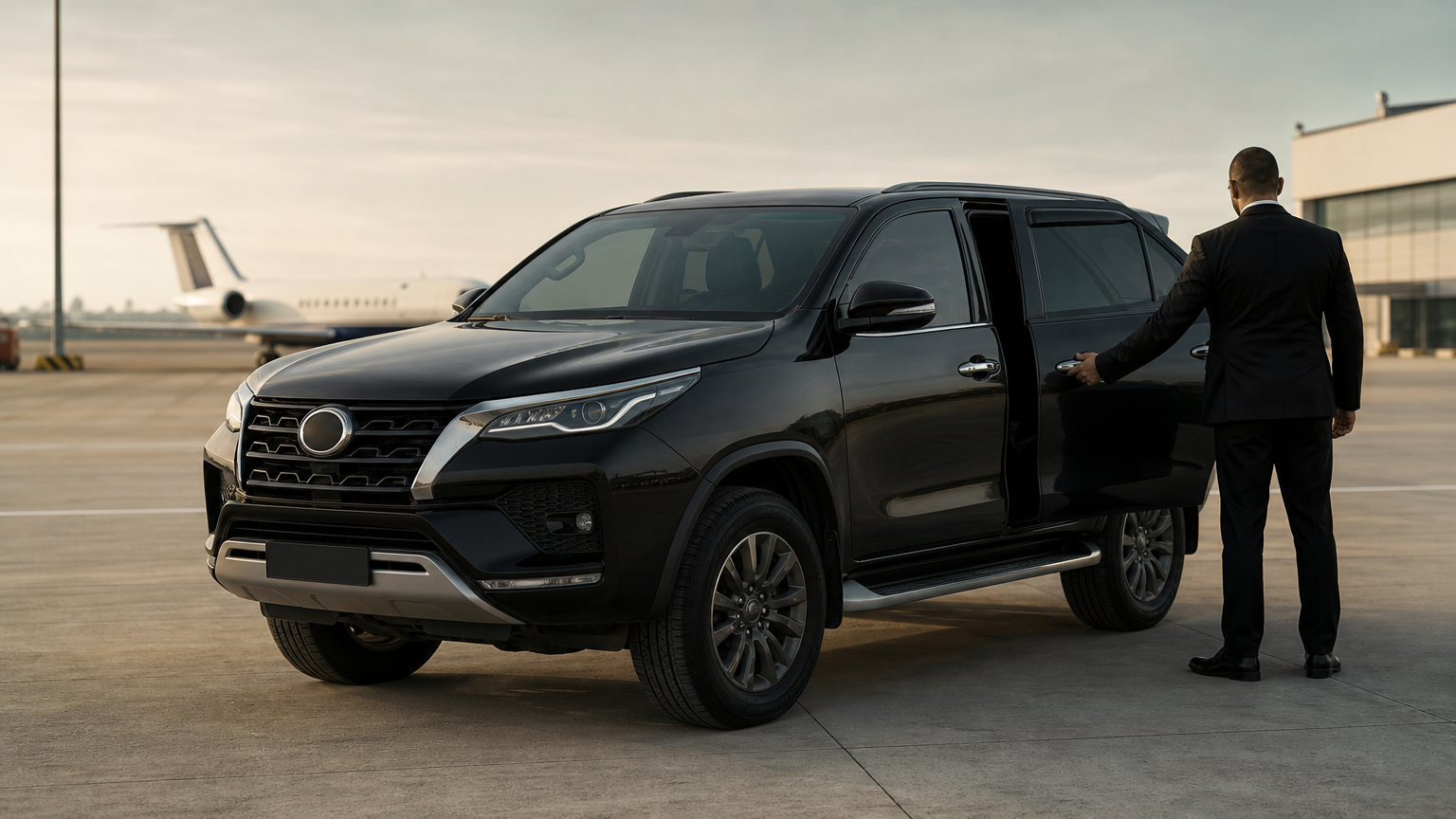 A driver in a dark suit holds open the rear door of an armored Toyota Fortuner at an airport forecourt.