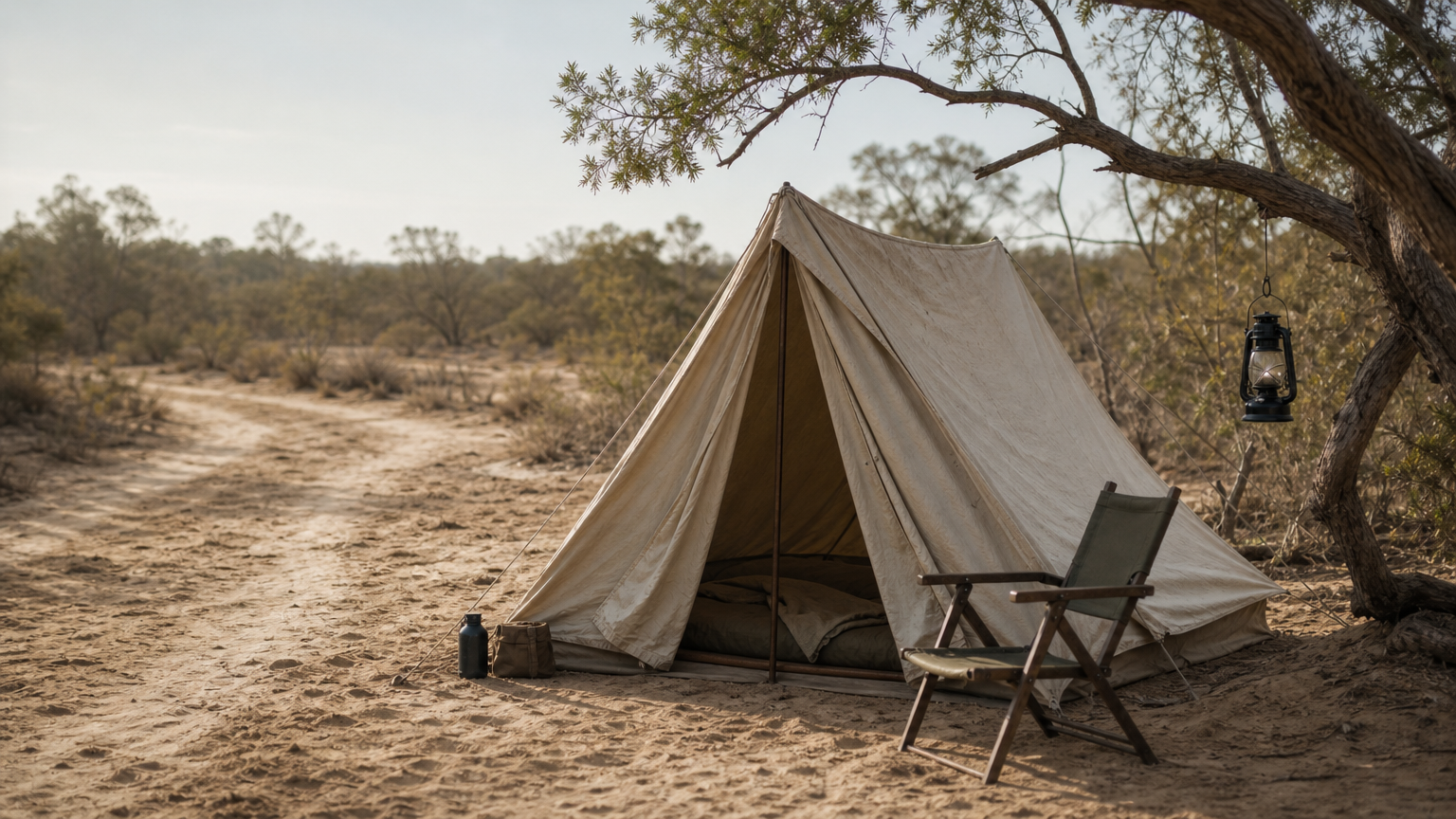 Victoria Falls Botswana Safari: 6 Trips, 1 Day to 7 Nights A canvas tent stands on sand beside a bush track, with a chair and lantern outside.