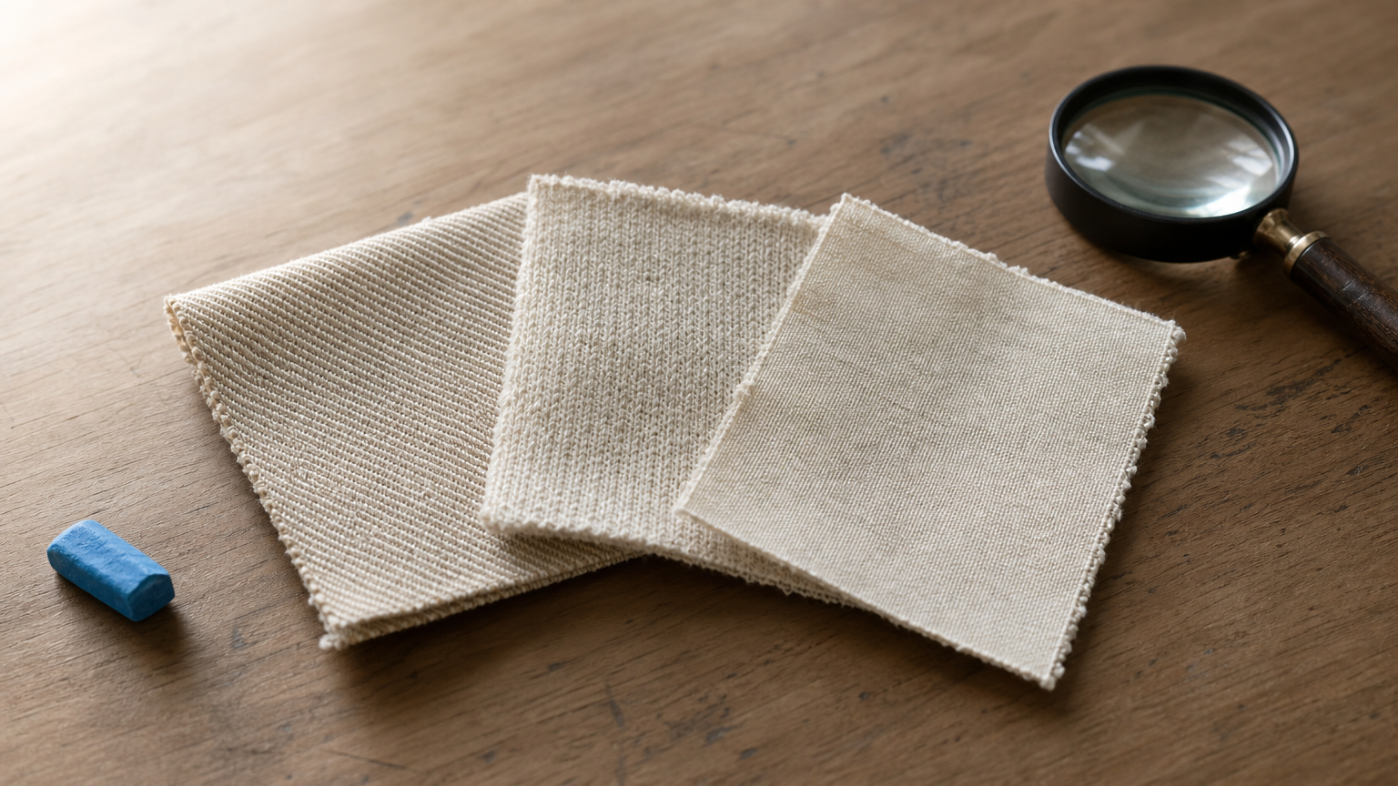 Fabric swatch squares fanned out beside a magnifying glass, showing different weaves.