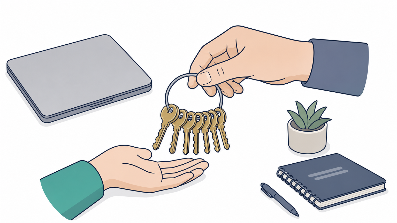 Seven keys on one ring, with one key being passed from one hand to another on a desk.