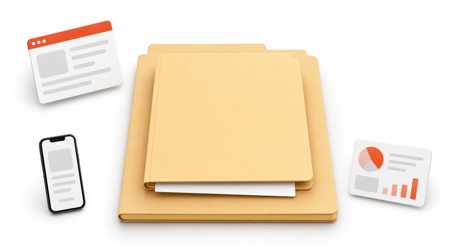 A smaller folder rests on top of a larger folder, with a loose sheet of paper tucked beneath.