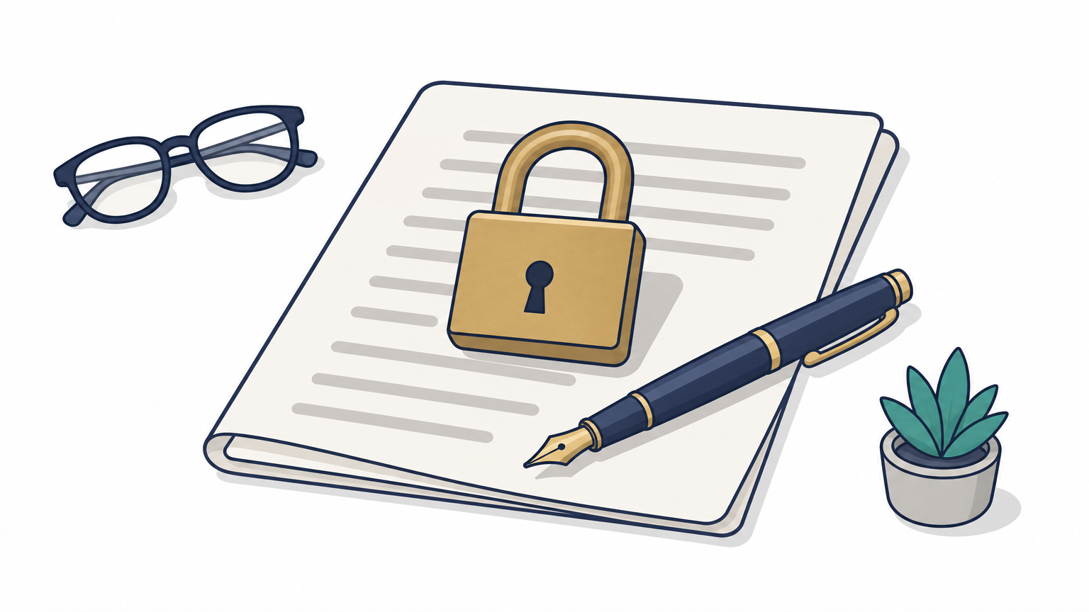 A padlock resting on a folded contract with a pen lying across the page.