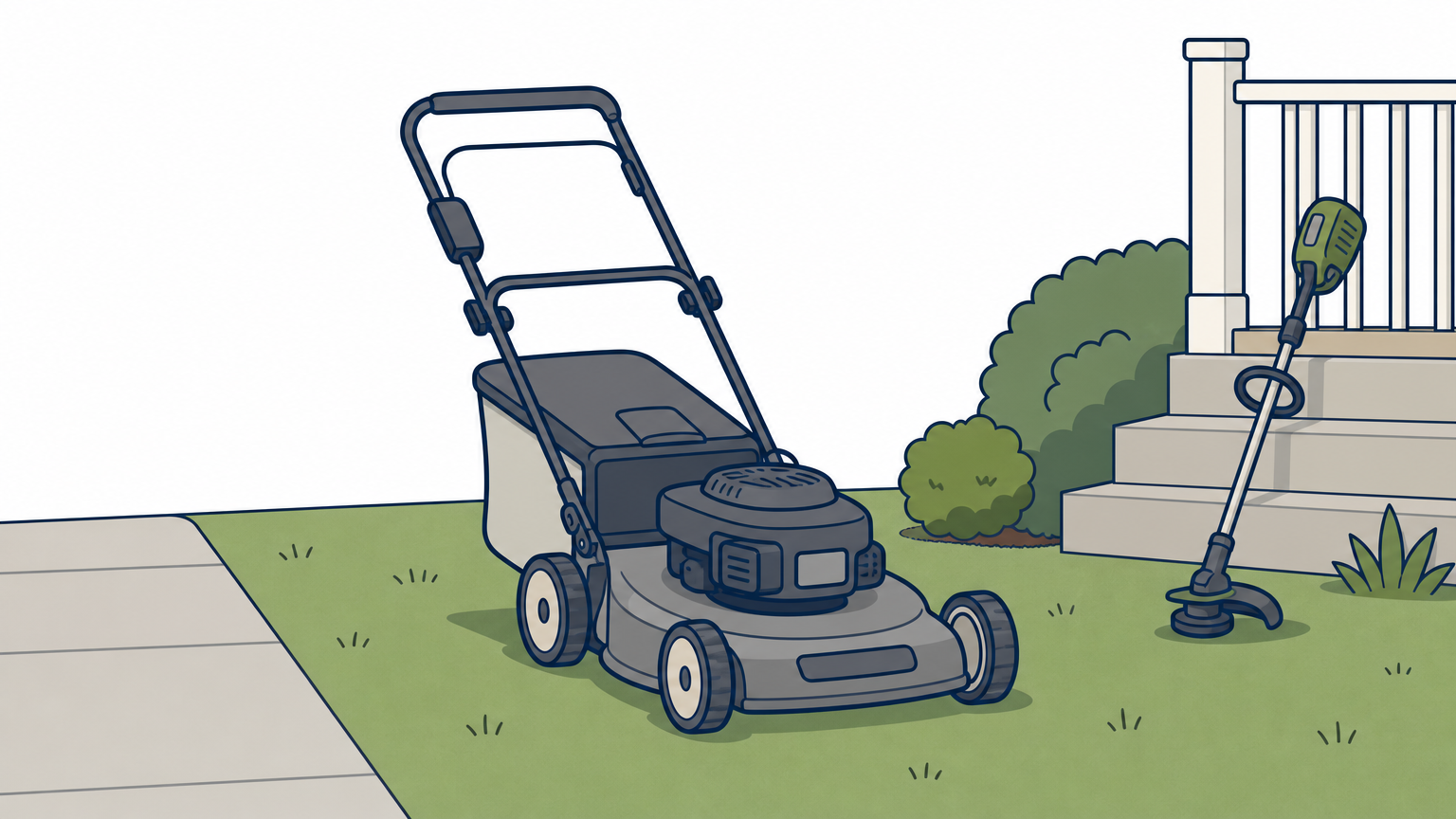 A walk-behind mower stands on a neat suburban lawn beside a driveway, with a string trimmer leaning on the porch step.