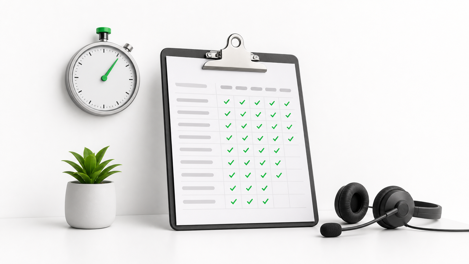 A stopwatch and a clipboard with a call log sit on a desk beside a headset.
