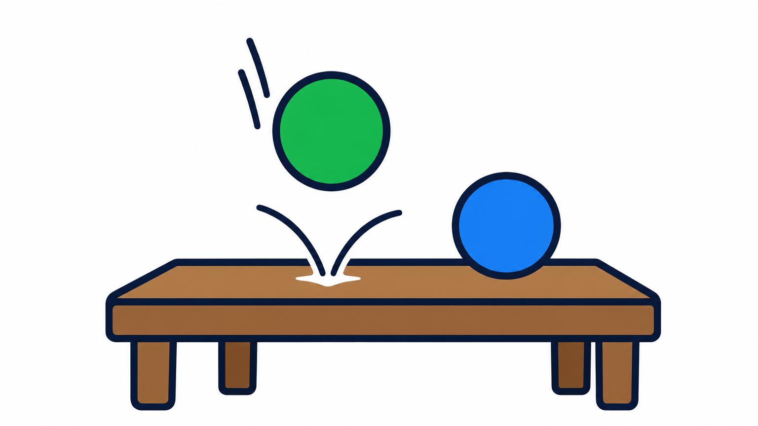 A rubber ball bouncing off a wooden table beside a second ball resting still.