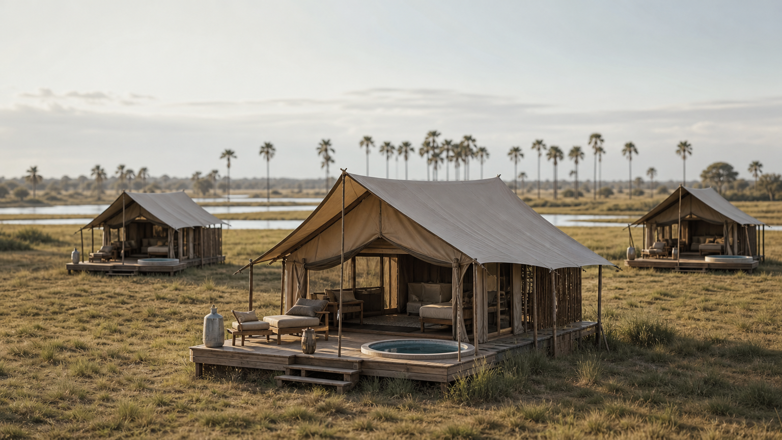 Three separate tents on open floodplain grass, each with a small plunge pool on its deck, with water channels behind.