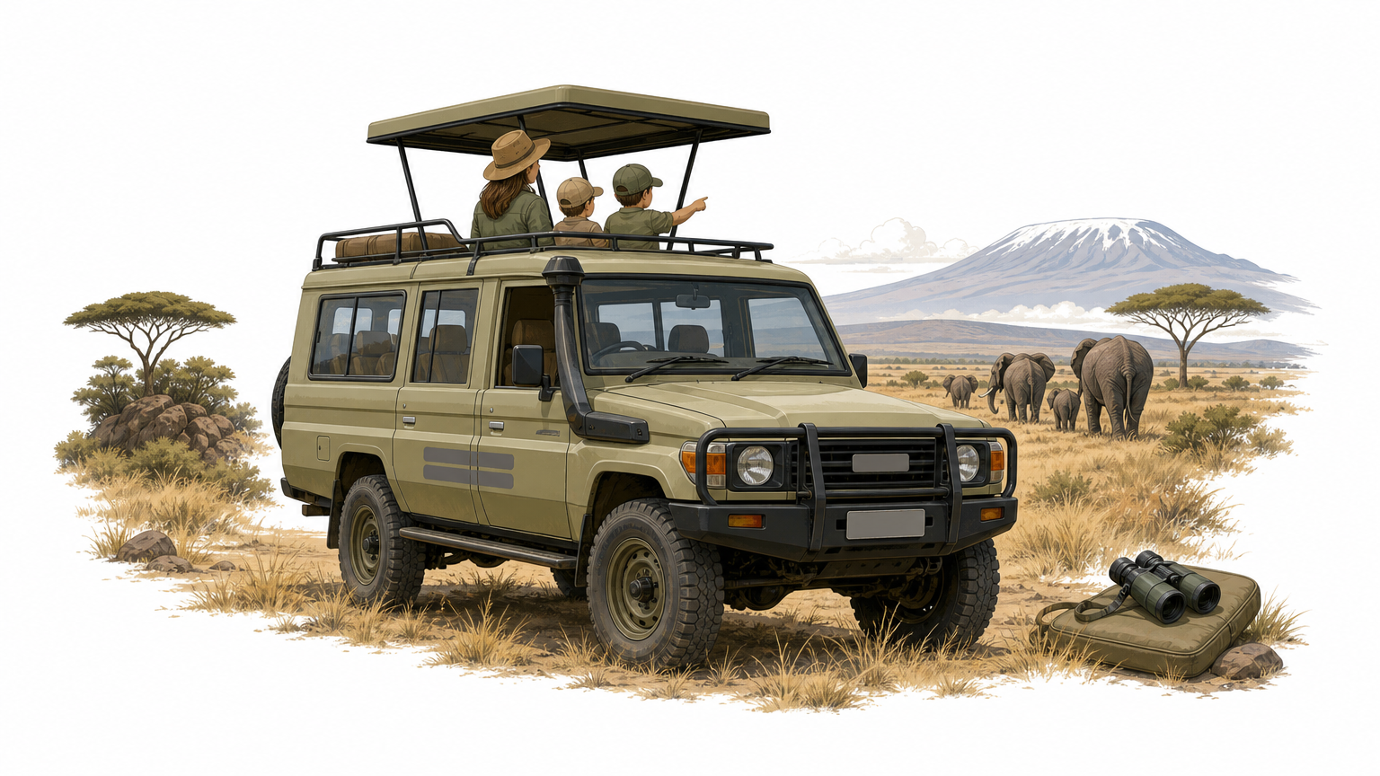A family looks out of a raised-roof safari vehicle at elephants walking near a distant snow-capped mountain.