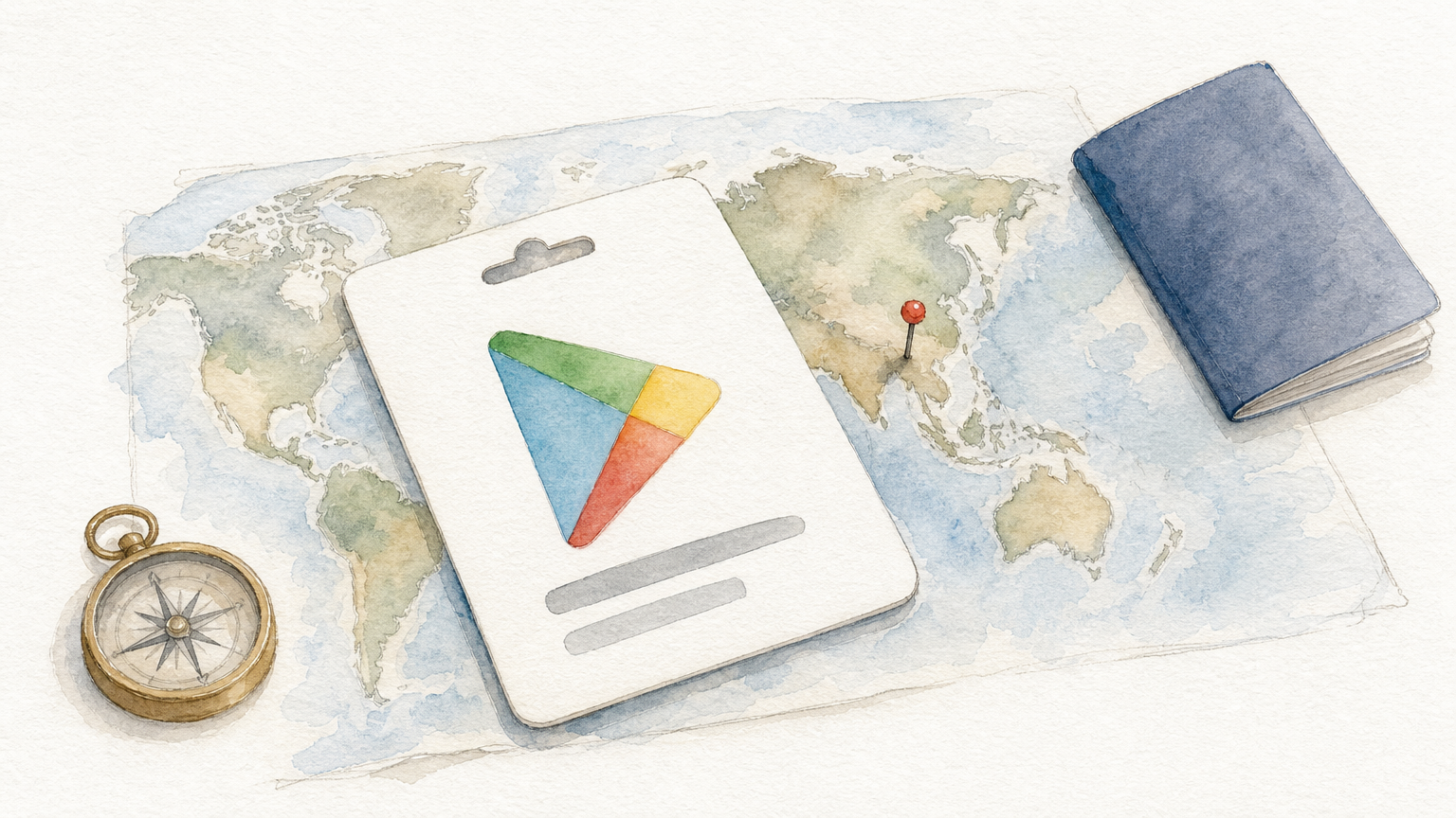 A gift card rests on a world map beside a passport, with a pin marking one country.