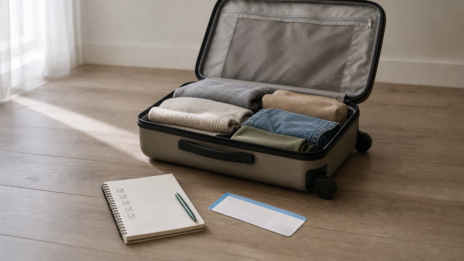 Valise ouverte, liste cochée et carte d'embarquement posées côte à côte.