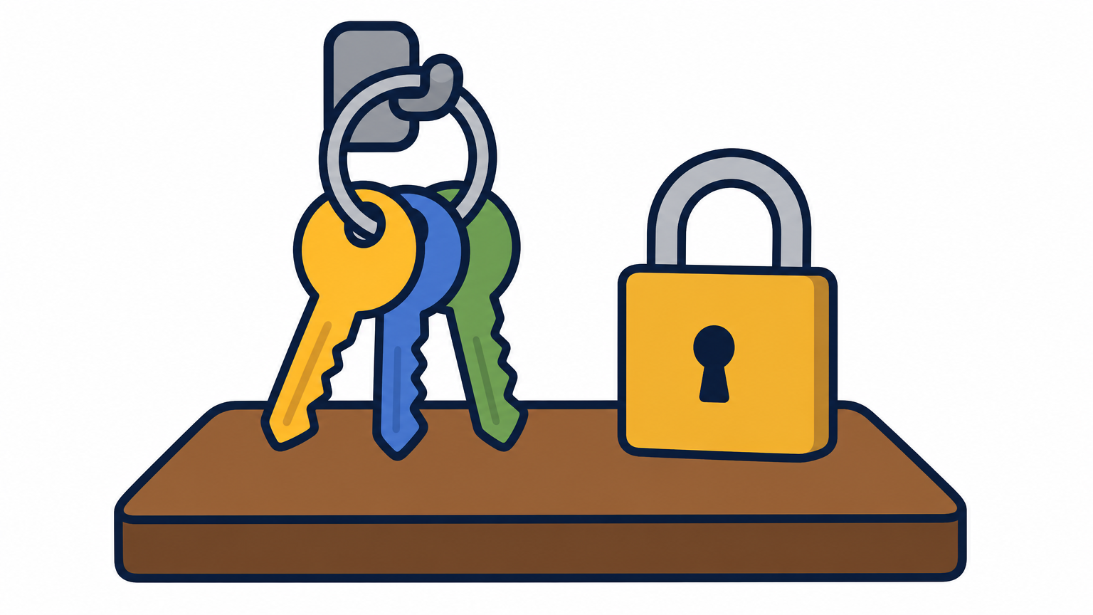 Three keys on a metal ring lie beside a closed padlock on a desk.