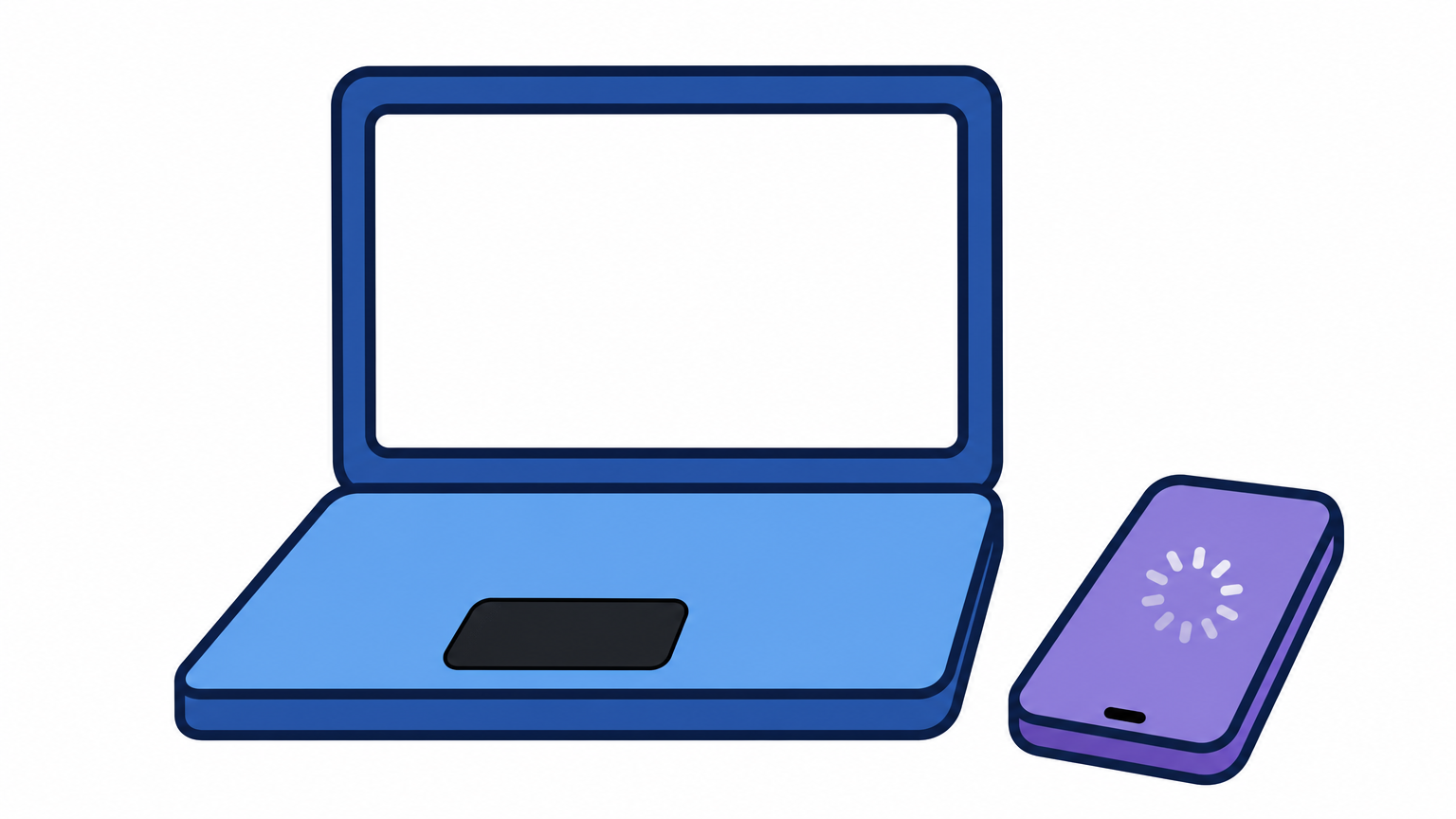 A laptop and a smartphone sit side by side, the phone showing a loading spinner while a payment waits.