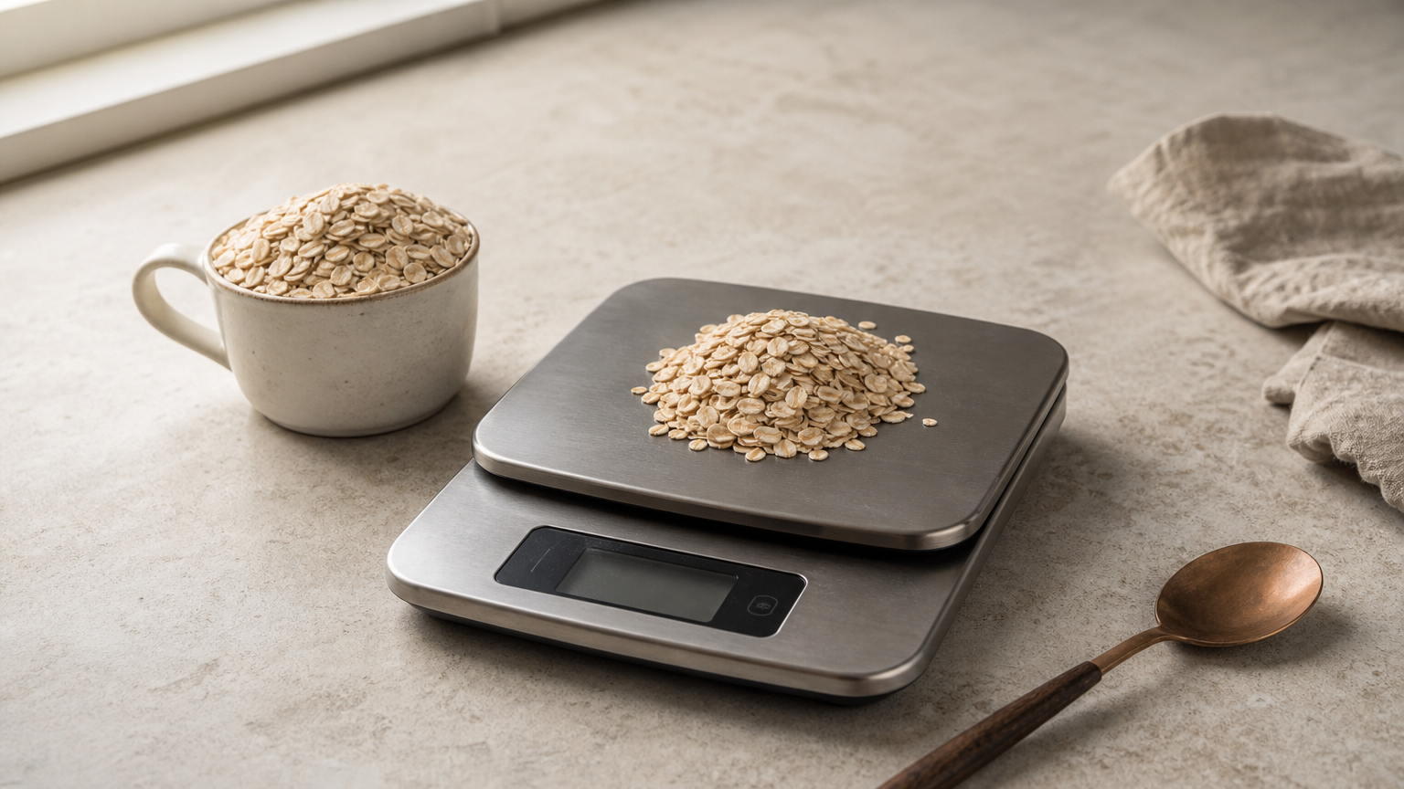 A digital kitchen scale holds a pile of oats next to a measuring cup heaped with oats.