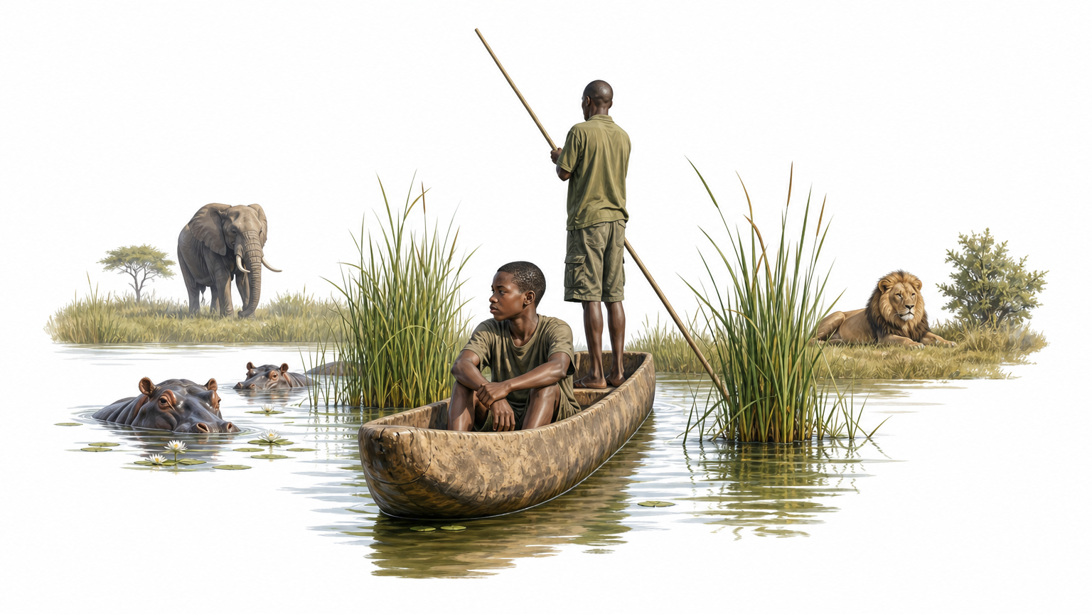 A teenager rides a dugout canoe through reeds while hippos rest in the water nearby.