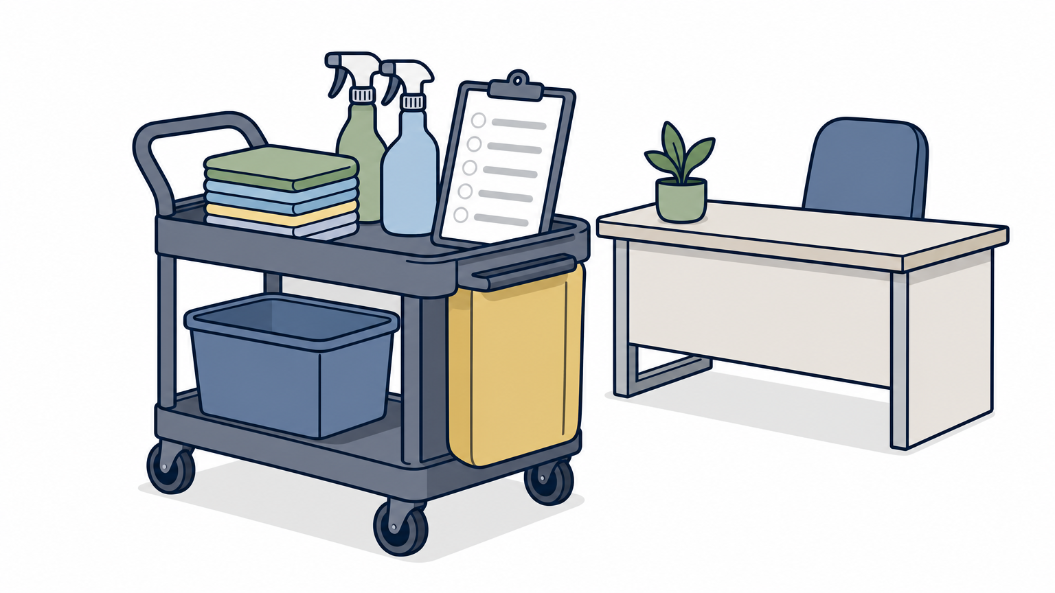 A wheeled janitorial cart with cloths, spray bottles and a clipboard sits beside an office desk.