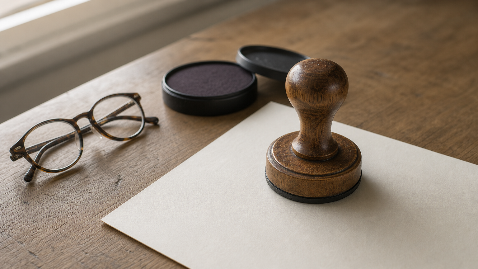 A notary's rubber stamp lies on a sheet of paper beside an open ink pad and reading glasses.