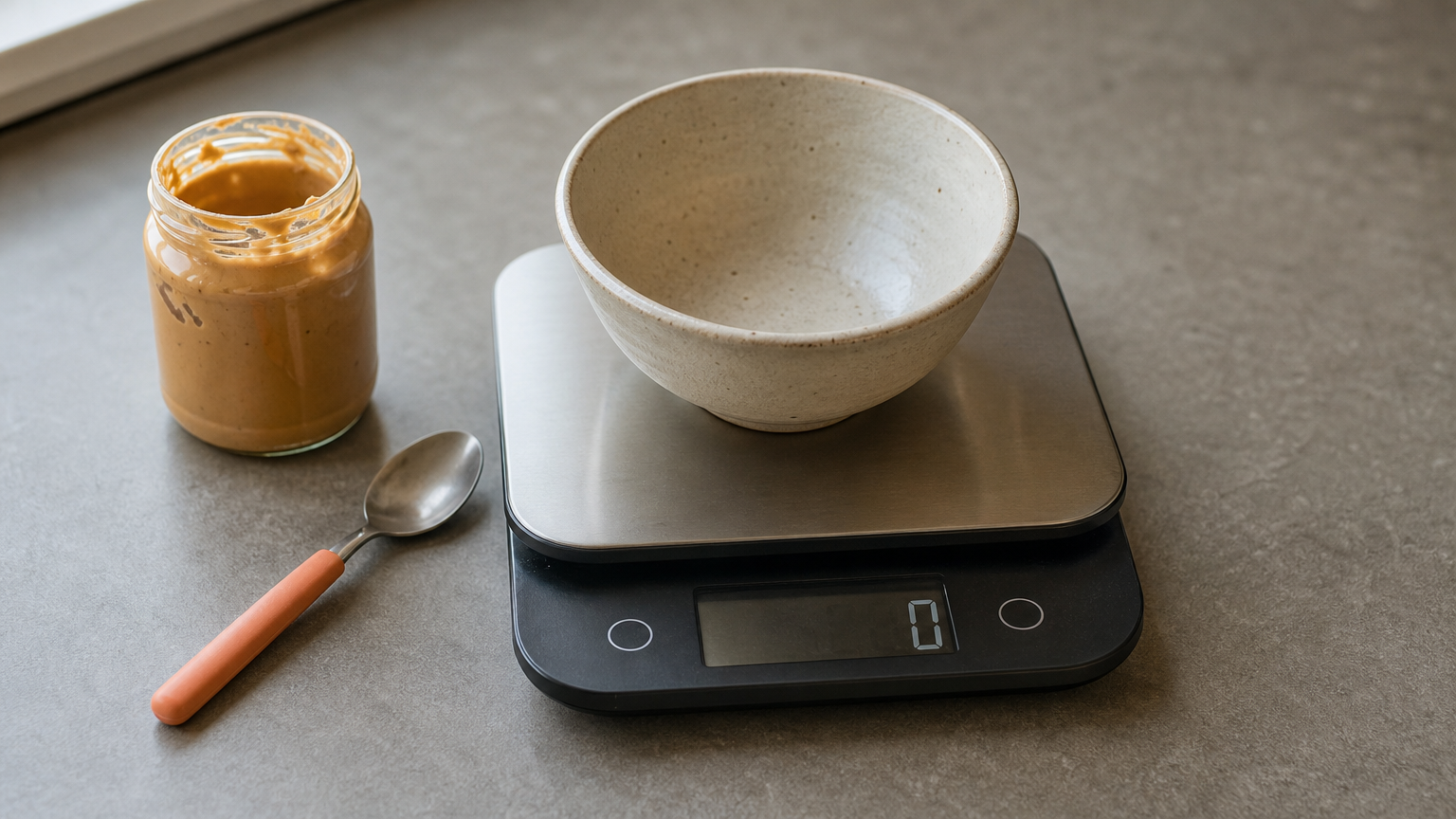 A ceramic bowl sits on a digital kitchen scale reading zero, beside a jar of peanut butter.