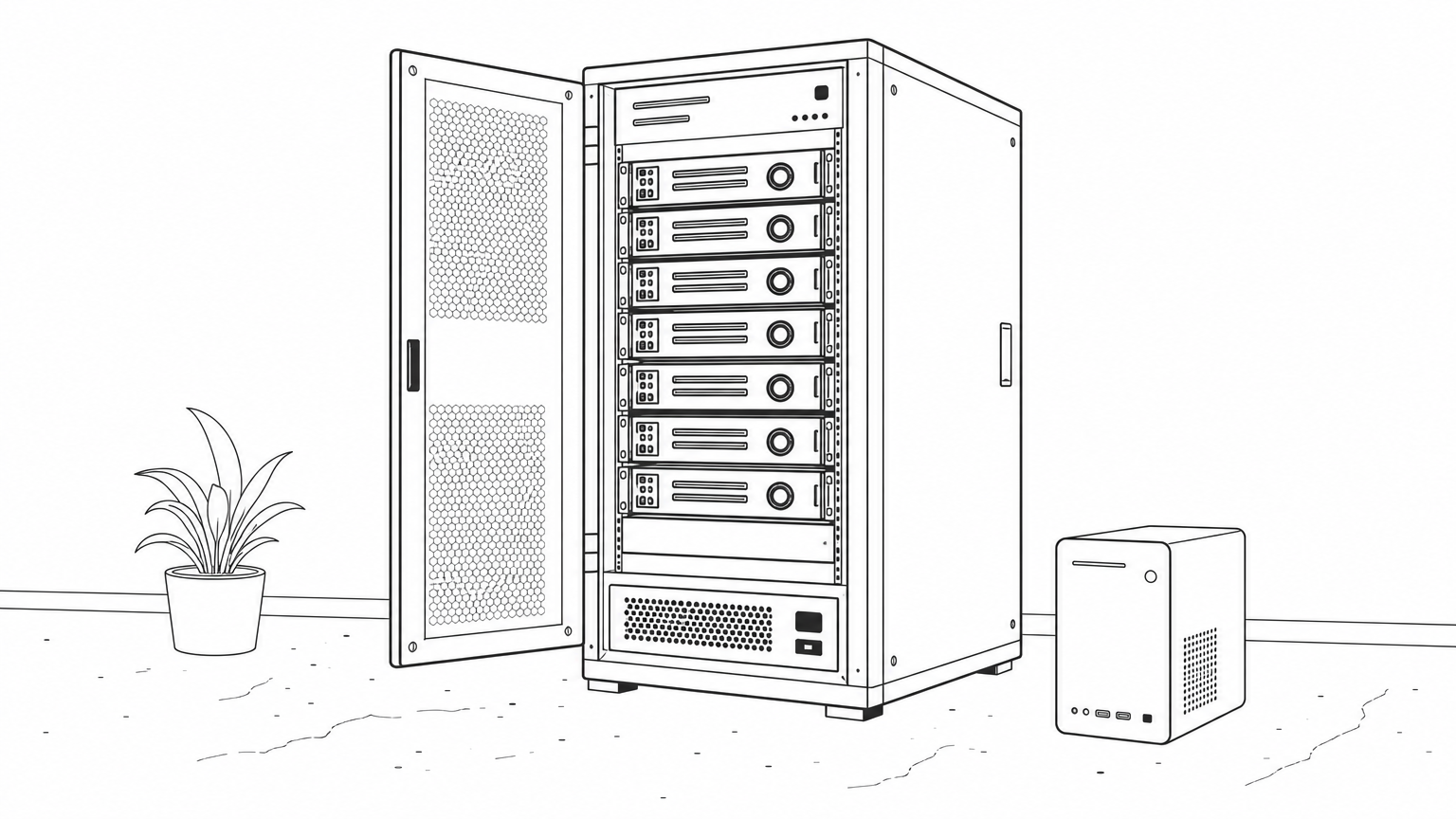 A large multi-GPU server chassis stands next to a small desktop computer for comparison.