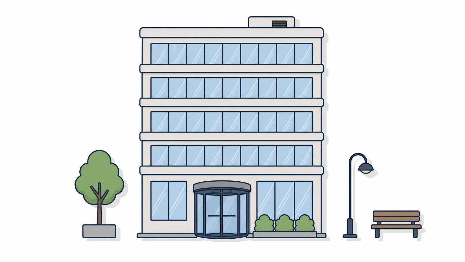 A tall multi-story office building with rows of windows and a revolving entrance door at street level.
