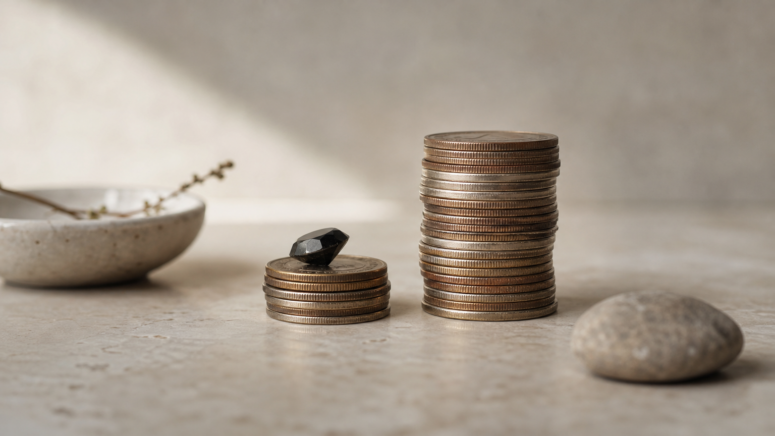 Five coins sit beside a tall coin stack, with a gem resting on the small pile.