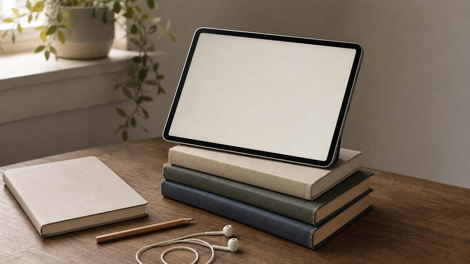 A tablet rests on a stack of textbooks beside a notebook, a pencil and coiled earbuds.