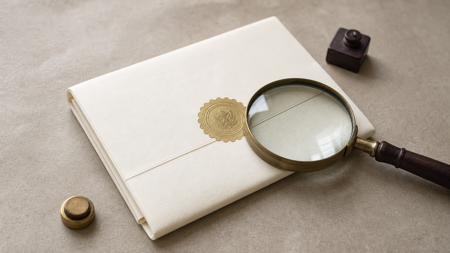 A magnifying glass rests beside an apostille sticker placed on a folded degree certificate.
