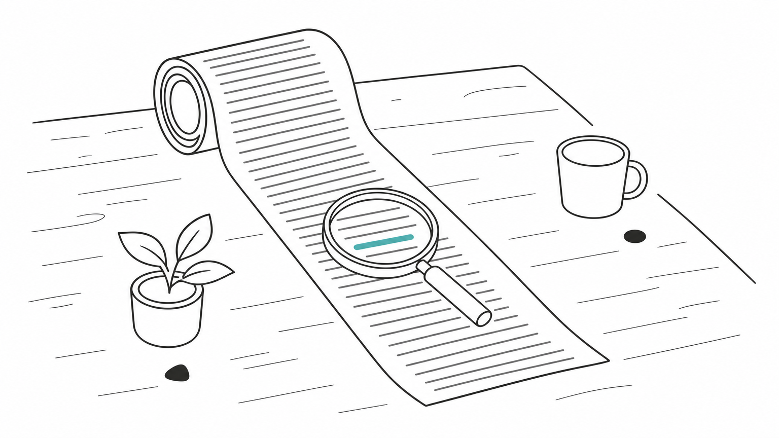 A magnifying glass rests on one highlighted line in a very long strip of paper.
