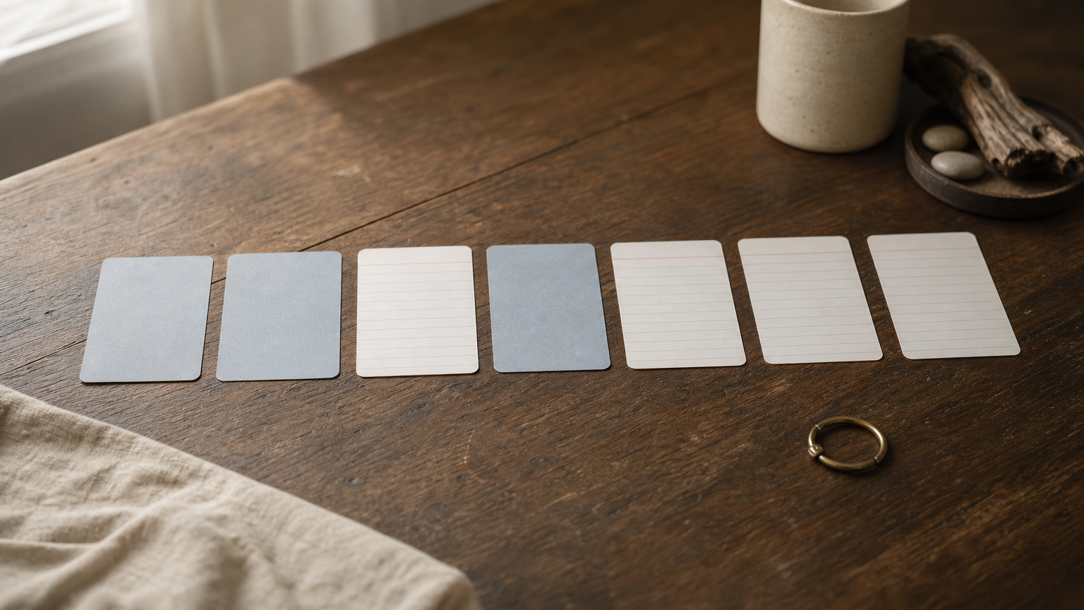 Seven numbered index cards in a row on a desk, three face down and four face up, ordered by time.